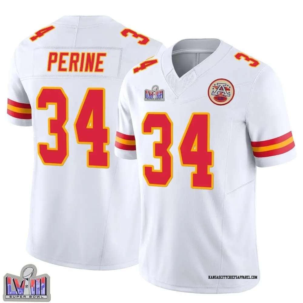 Limited White Youth Samaje Perine Kansas City Chiefs Vapor F.U.S.E. Super Bowl LVIII Patch Jersey